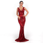 Women Evening Dress Sexy V-neck Sleeveless Sequined Geometric Abstract Vintage Backless Elegant Maxi Reflective Dress Formal Gown
