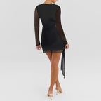 Women round Neck Long Sleeve Mesh Splicing Sexy Pleated Hip Bag Dress