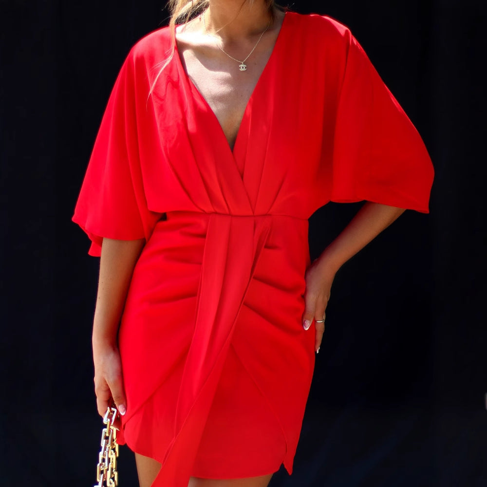 Women Clothing Summer Solid Color Elegant Irregular Asymmetric Slim Fit Dress Women