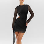 Women round Neck Long Sleeve Mesh Splicing Sexy Pleated Hip Bag Dress