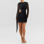 Women round Neck Long Sleeve Mesh Splicing Sexy Pleated Hip Bag Dress