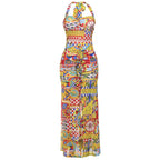 Spring Summer Sexy Printed Mesh Slim V neck Backless Slit Halter Dress
