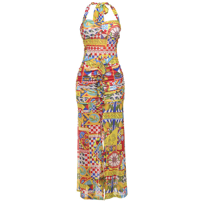 Spring Summer Sexy Printed Mesh Slim V neck Backless Slit Halter Dress